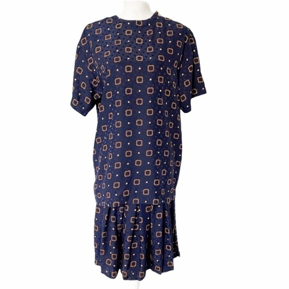 Vintage 1980s Maggy London Silk 2 Piece Blouse & Skirt Set Blue Gold Size 8 - Picture 1 of 8